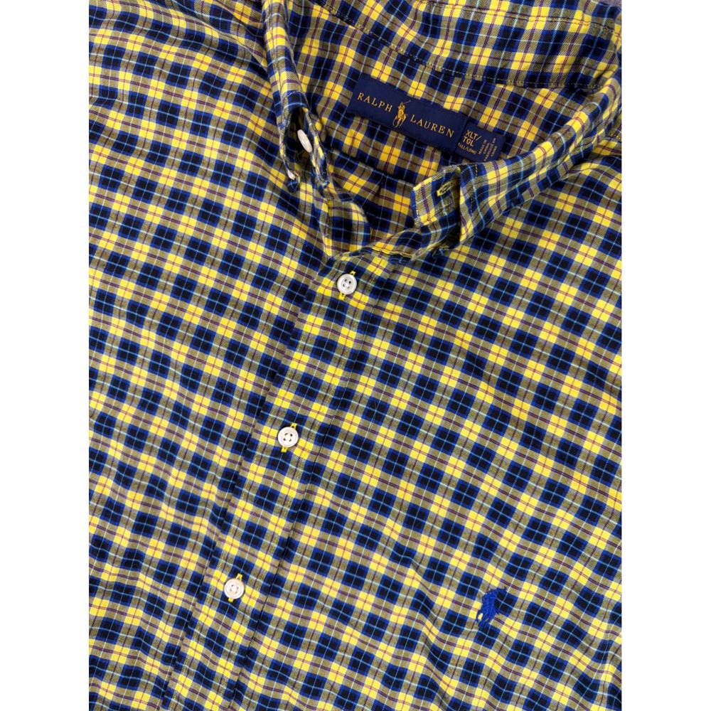 Polo Ralph Lauren Button‎ Down Shirt Mens XLT Yellow Blue Plaid Long Sleeve Tall